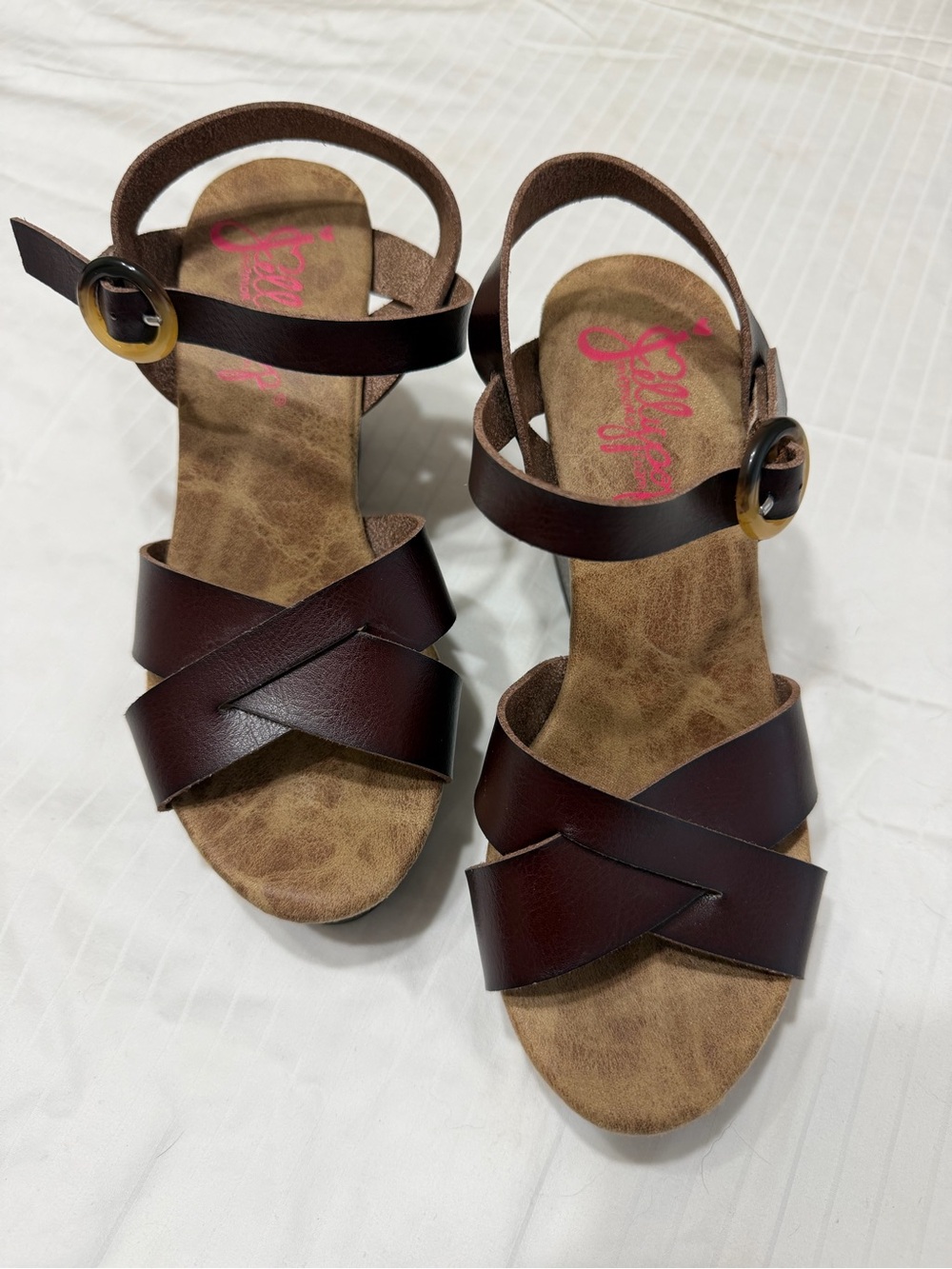 Jellypop Brown Crisscross Wedge Sandals with Buckle